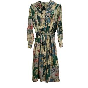 Langdon Embroidered Trim Floral Midi Long Sleeve Cotton Smocked Dress Large